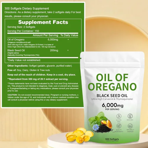 Miniatura 2 de Aceite de cápsulas blandas de orégano, con aceite de semilla negra y timoquinona, 300 unidades, 6000 mg, sin OMG, 2 en 1 formulado con Carvacro de 4