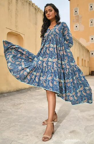 Miniatura 4 de Janasya Vestido indio de algodón verde azulado con estampado floral para mujer