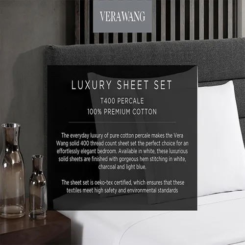 Miniatura 5 de Vera Wang - Sábanas tamaño Queen, juego de ropa de cama de percal de algodón, elementos esenciales para habitación (blanco, Queen)