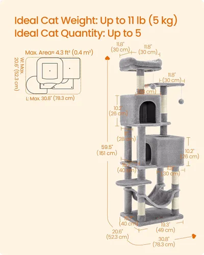 Miniatura 5 de Feandrea - Árbol para gatos de varios niveles para interiores, torre para gatos tipo condominio con 4 postes para rascar, 2 posaderos, hamaca y claro