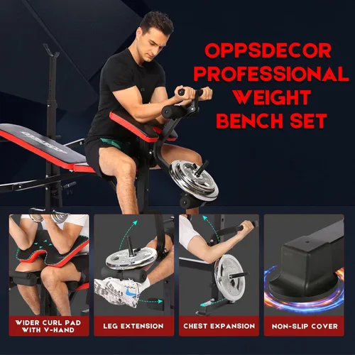 Miniatura 2 de OPPSDECOR ZWX1113 - Juego de banco de pesas 6 en 1 de 900 libras con estante para sentadillas, banco de entrenamiento con extensión de piernas, Rojo