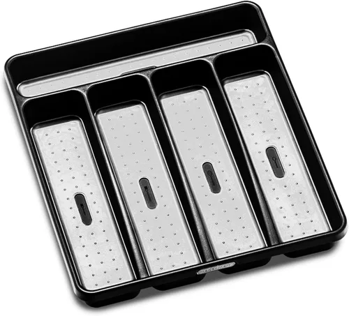 madesmart Bandeja de cubiertos, organizador de cubiertos de 5 compartimentos para tenedores, cuchillos y cucharas, antideslizante, forro de agarre