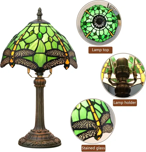 Miniatura 9 de Lámpara Tiffany de Libélula Verde de Vidrio Emplomado, Lámpara de Mesa 8x8x14 Pulgadas, Estilo Libélula Verde, Luz de Lectura para Escritorio