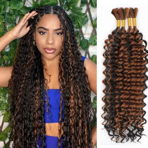 Miniatura 13 de Mezcla de cabello humano trenzado sintético bohemio para trenzar, 16 pulgadas de onda profunda a granel para trenzas bohemias, 2 piezas de cabello 1b