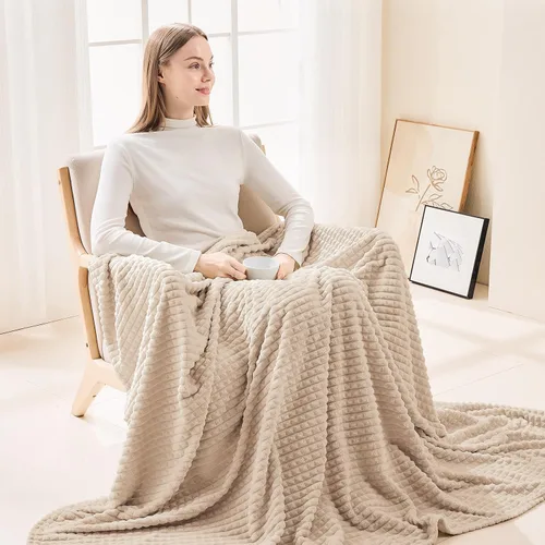 Miniatura 7 de EMME Manta de vellón, manta jacquard 3D para sofá y cama, manta suave, acogedora y esponjosa, ligera, de franela de lujo con diseño de cuadrícula