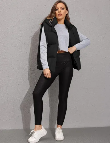 Miniatura 5 de Tanming Chaleco acolchado negro para mujer, con cremallera, ligero, sin mangas, para invierno, con capucha