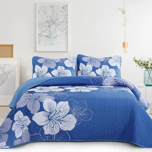 Miniatura 27 de DJY Juego de edredón de 3 piezas, tamaño completo, diseño floral azul, elegante colcha bohemia con 2 fundas de almohada, juego de edredón ligero