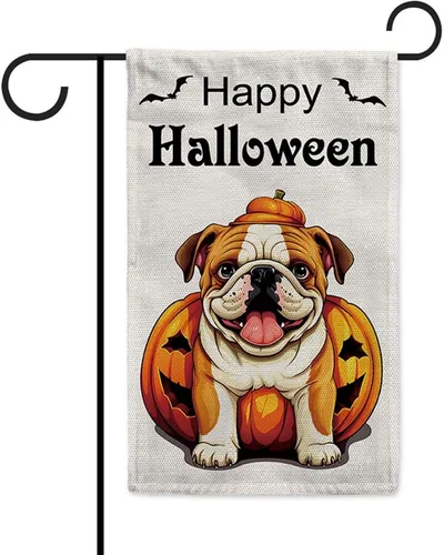 Miniatura 19 de Bandera de jardín de bulldog de Halloween de 12.5 x 18 pulgadas, vertical, doble cara, calabaza de Feliz Halloween, linda cachorro, decoración
