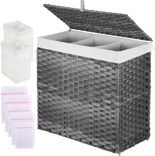 Miniatura 14 de Greenstell Cesta de ropa sucia con tapa, cesta grande de ropa de 125L con 3 secciones y bolsas de forro extraíbles de 2 secciones y 5 bolsas de Negro