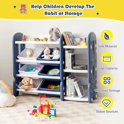 Miniatura 6 de HONEY JOY Organizador de almacenamiento de juguetes para niños de 4 niveles con 6 contenedores, unidad de almacenamiento de juguetes 2 en 1