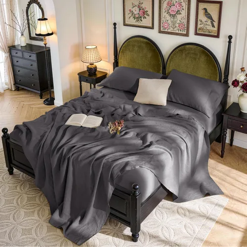 Miniatura 13 de SONORO KATE Sábanas de cama de lino francés 100% puro, tamaño Queen, sábanas de cama de lino transpirables y duraderas, antidesgarro, lavables a