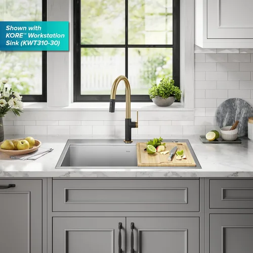 Miniatura 12 de Kraus Oletto - Grifos de cocina de arco alto con un solo mango extraíble, en latón cepillado/negro mate, grifos de cocina con rociador extraíble