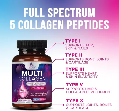 Miniatura 3 de Píldoras de complejo de colágeno múltiple, cápsulas de péptidos de colágeno hidrolizados para mujeres y hombres - Tipos I, II, III, V, X Multi