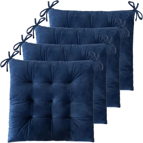 ELFJOY Paquete de 4 cojines para sillas de comedor, cojines para sillas de cocina, oficina, cojín cuadrado copetudo con lazos (terciopelo azul Azul
