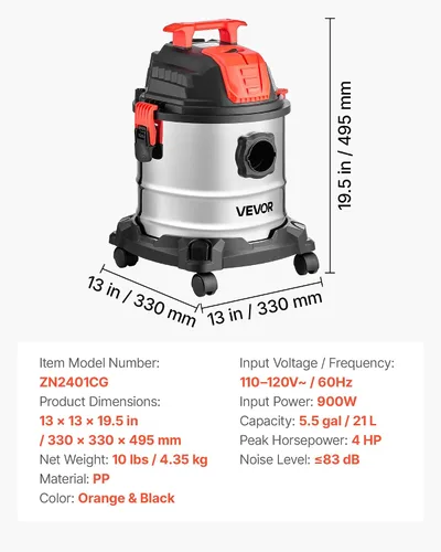 Miniatura 7 de VEVOR Aspiradora en Seco, 2.6 Galones 2.5 HP Pico Aspiradora Portátil de Taller con Potencia de Entrada de 800W, Varias Boquillas, Manguera de 1.25