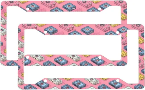 2 Pcs Car License Plate Frames for Women Men - Vintage Tape Print Solid Aluminum License Plate Cover for Car Accessories for Women Men with Screws