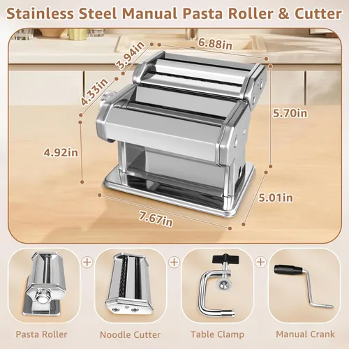 Miniatura 9 de Máquina para hacer pasta, rodillo de pasta con 7 ajustes de grosor y cortador 2 en 1, máquina de pasta de acero inoxidable para espaguetis