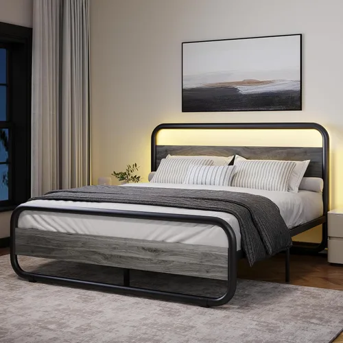 Miniatura 10 de Catrimown - Marco para cama individual con luces LED, marco de cama plataforma individual resistente de metal rústico con cabecera de madera