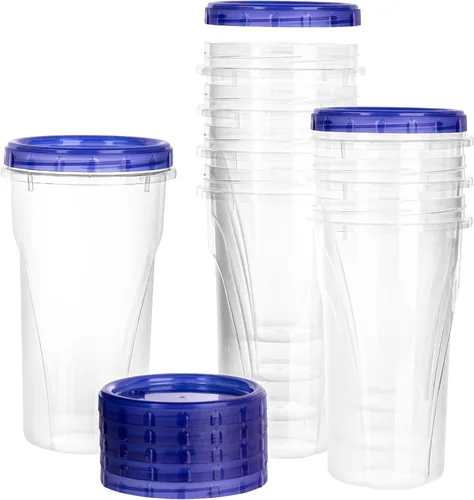 PLASTICPRO [48 oz 8 Pack] Contenedores Twist Top Deli con parte inferior transparente y tapa superior azul con giro en las tapas, reutilizables,