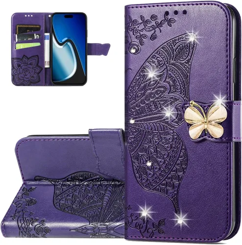 Funda tipo cartera para iPhone 15, diseño de mariposa 3D, de piel sintética, con función atril, cierre magnético y ranuras para tarjetas de efectivo