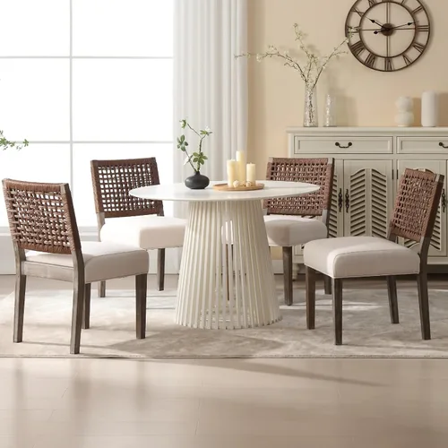 LZAREAL Juego de 4 Sillas de Comedor Estilo Granja de Tela de Lino Tapizadas Silla Lateral de Acento, Sillas de Cocina y Comedor Modernas de