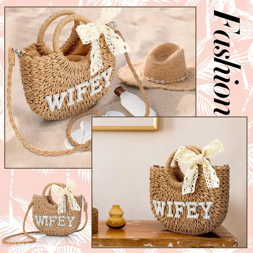Miniatura 23 de Pinkunn Bolso de paja para novia, bolso tejido a mano, con parches de letras de diamantes de imitación, para despedida de soltera, luna de miel