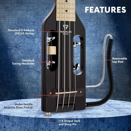 Miniatura 2 de Traveler Guitar Guitarra Bajo Ultra-Ligera Negro Brillante Guitarra de Bajo de Viaje Pequeña con Apoyo de Regazo Removible Guitarra Portátil sin