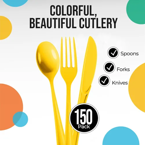 Miniatura 2 de Party Solids Cubiertos de plástico amarillo resistentes, 150 piezas, color amarillo, desechables, juegos de utensilios, 50 de cada tenedor