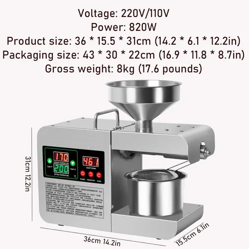 Miniatura 2 de Máquina eléctrica de prensa de aceite de 820 W, máquina de aceite de prensa caliente y fría para el hogar, carcasa de metal, extractor de aceite