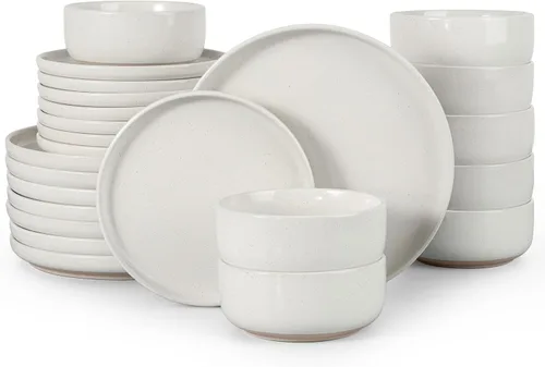 Miniatura 25 de HaWare Juego de vajilla de gres, juego de platos y tazones de 12 piezas para 4, juego de vajilla para casa restaurante, blanco lechoso moteado
