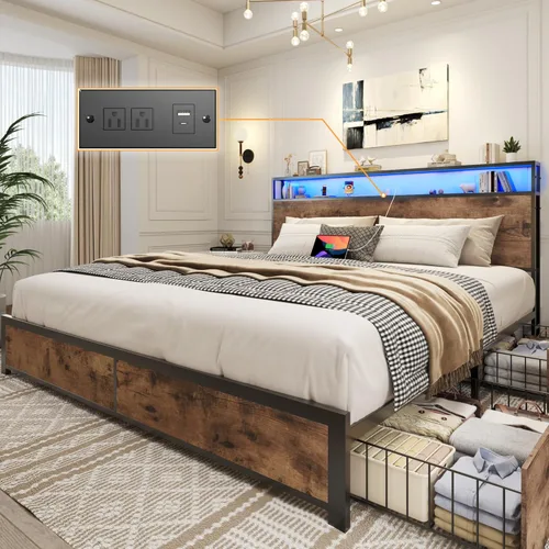 Miniatura 8 de Lifezone Estructura de Cama Full con Cabecero de Almacenamiento de 2 Niveles, Estructura de Cama de Plataforma de Metal con 4 Cajones de Marrón