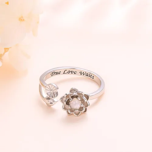 Miniatura 4 de Moonstone - Juego de joyas de loto de plata de ley, anillo de flor de loto grabado True Love Waits, Natural Healing Buddha Spiritual Yoga Lotus