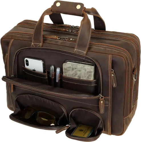 Miniatura 10 de Maletín de cuero de vaca superior para hombres, 17.3 pulgadas, maletín para computadora portátil con cremalleras de metal YKK, apto para viaje