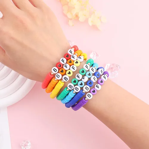 Miniatura 4 de Juego de pulseras Heishi Surfer de arcoíris para mujeres y niñas, pulseras apilables de arcilla con cuentas de disco, pulseras elásticas de disco