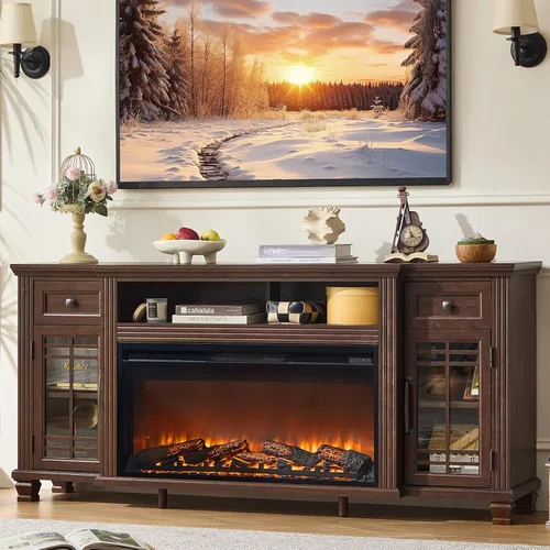 Miniatura 9 de SAVOR LIFE Soporte de TV con Chimenea para TV de 80'', Chimenea Eléctrica de 70" con Repisa, Centro de Entretenimiento Estilo Granja de 39" de Alto