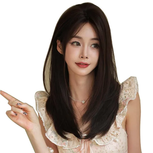 Miniatura 5 de Peluca de 22 pulgadas de largo y lacia con flequillo de cortina para mujer, cabello sintético negro, resistente al calor, para fiesta, cosplay, Té