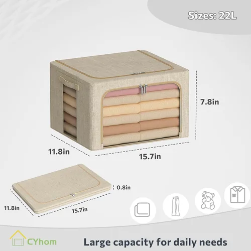 Miniatura 4 de CYhom Caja de almacenamiento de ropa, juego organizador plegable de tela de lino con ventana transparente, asas de transporte y marco de metal, 2