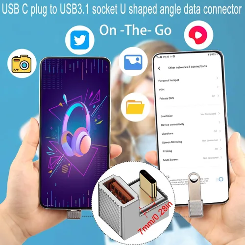 Miniatura 4 de QIANRENON PD 120W U ángulo USB C a USB 3.1 OTG adaptador 10Gbps tipo C macho a USB3.1 hembra conector de datos de carga rápida de 180 grados