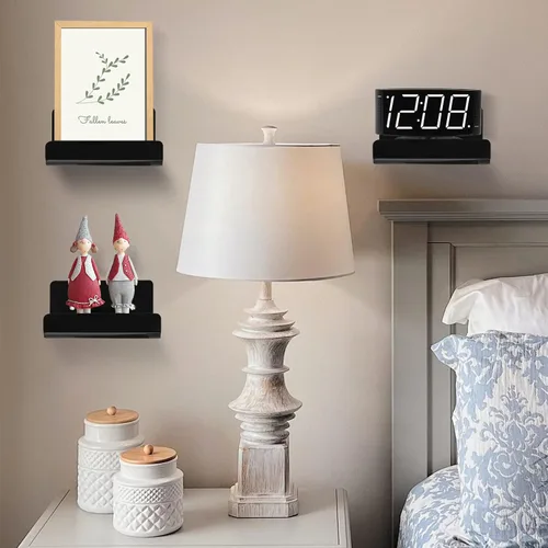 Miniatura 6 de Paquete de 3 estantes flotantes pequeños de acrílico para almacenamiento en pared, mini estante adhesivo de 4 pulgadas para sala de estar, baño