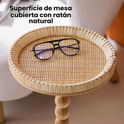 Miniatura 3 de Mesa auxiliar redonda de ratán pequeña para espacios pequeños, mesa auxiliar circular bohemia con patas de madera maciza para sala de estar, mesa