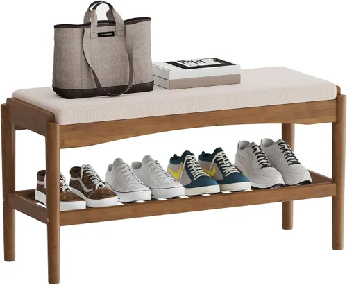 Miniatura 7 de STDDRE Banco de zapatos de entrada de bambú de 2 niveles con cojín de asiento acolchado, banco de zapatos, organizador estable para entrada, Marrón