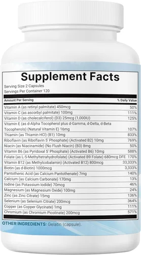 Miniatura 7 de Micro Ingredients Multivitamínico metilado puro, 240 cápsulas Fórmula 19 en 1 con vitaminas C, D, B12, folato, magnesio, zinc y más Apoya