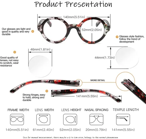 Miniatura 3 de Paquete de 4 lentes de lectura redondos de gran tamaño con filtro de luz azul/antirreflejos para mujeres, bisagras de resorte, lectores florales