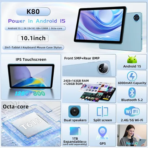 Miniatura 2 de Tablet Android 15 de 10 pulgadas, 24GB RAM 128GB ROM, Tabletas con Funda de Teclado Ratón Stylus, 1TB Expandible, Octa-Core 6000mAh 1280x800 IPS HD