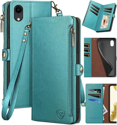 Miniatura 11 de XcaseBar Funda tipo cartera para iPhone XR de 6.1 pulgadas con bloqueo RFID, soporte para tarjetas de crédito con cremallera, funda de piel