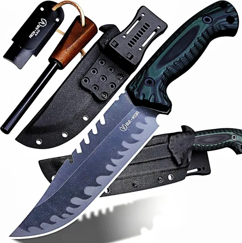 BA-KOR Cuchillo de Caza de Hoja Fija Full Tang de 12.4 Pulgadas – Acero 9CR18MoV de 6mm, Mango G10, Hoja con Sierra Dentada en el Lomo con Acabado