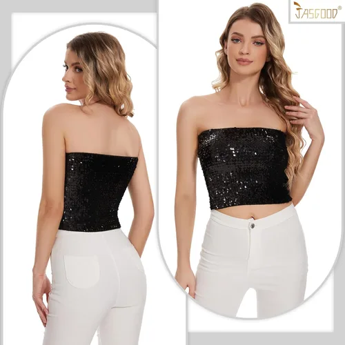 Miniatura 5 de JASGOOD Tops cortos de lentejuelas brillantes para mujer, tops de tubo metálicos sin tirantes, corsé de sirena con purpurina para fiesta y club