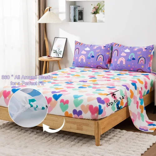 Miniatura 5 de Holawakaka Juego de edredón bohemio de arcoíris individual con sábanas, juego de ropa de cama bohemio de 5 piezas con corazón y estrella para niñas