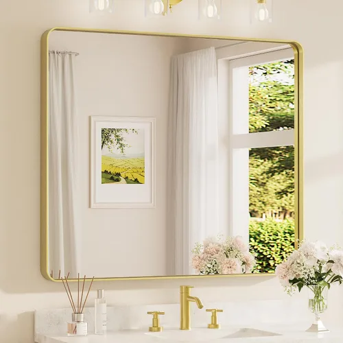 Miniatura 60 de TETOTE Espejo de marco dorado cepillado de 16 x 24 pulgadas, espejo de tocador de baño de latón dorado para pared, espejo enmarcado rectangular