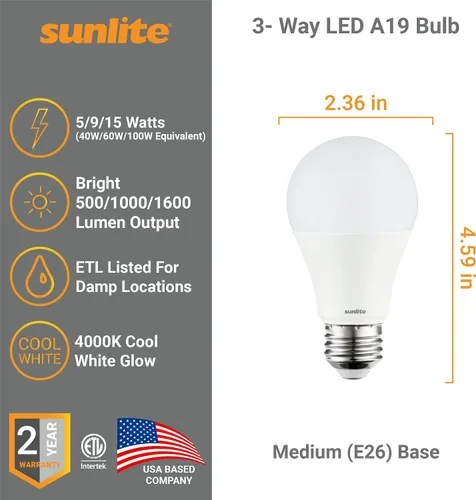 Miniatura 2 de Sunlite 70324 Bombilla LED A19 de 3 vías, 5/9/15 vatios (equivalente a 40 W, 60 W, 100 W), 500-1000-1600 lúmenes, base E26 media, omnidireccional